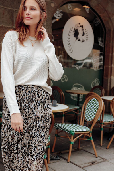 Jupe midi évasée plissée creme femme