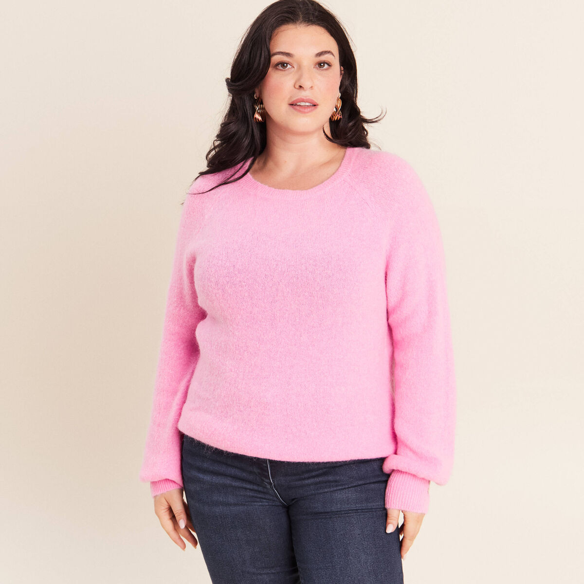Pull col rond manches longues rose femme