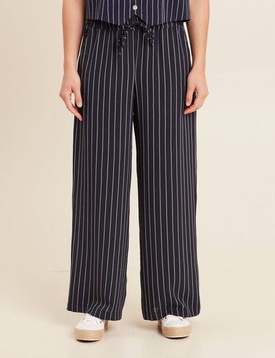 Pantalon large taille haute bleu foncé femme