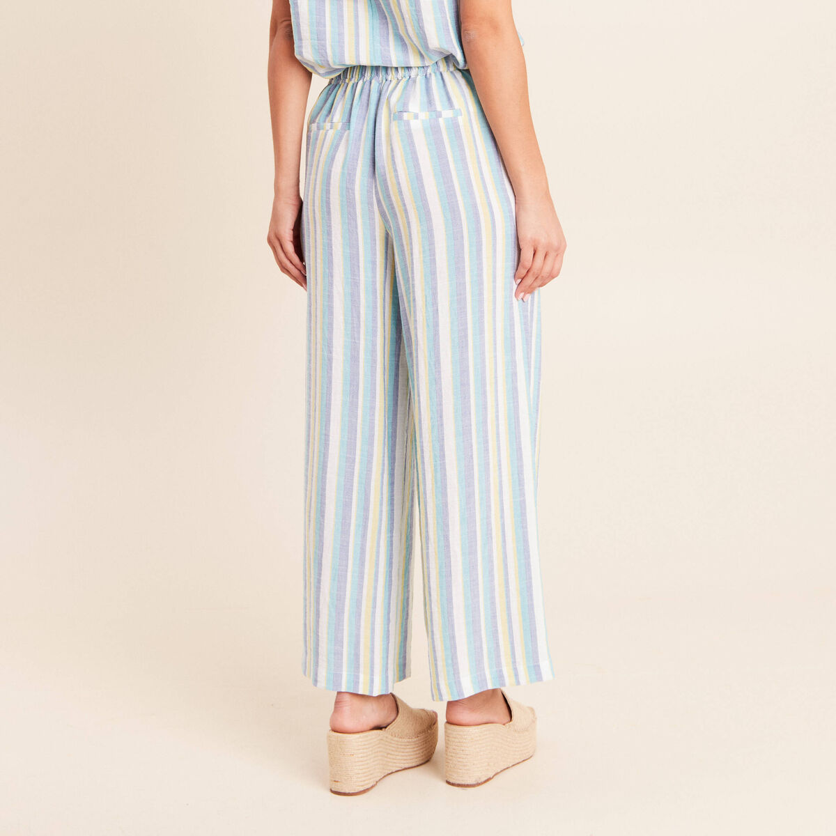 Pantalon large 7/8&egrave;me taille haute bleu femme