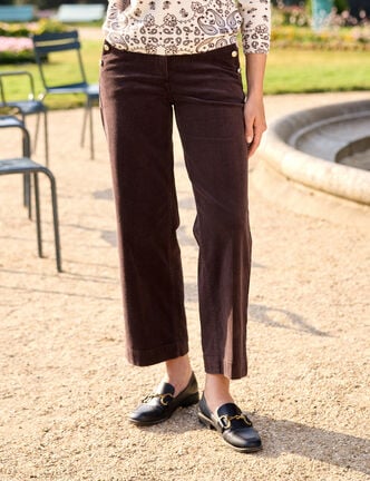 Pantalon large velours c&ocirc;tel&eacute; marron fonc&eacute; femme
