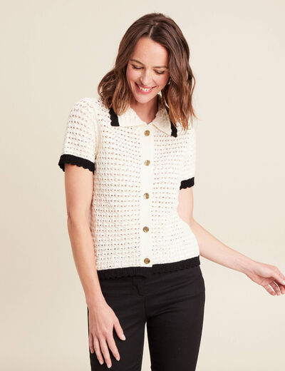 Pull droit court manches courtes ecru femme
