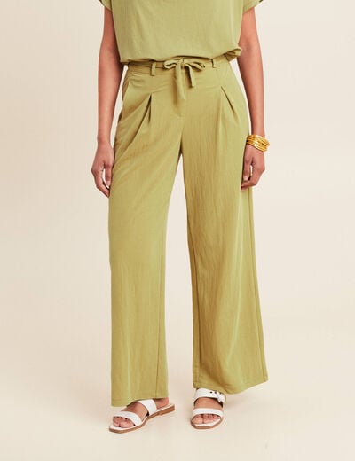 Pantalon fluide taille haute vert olive femme