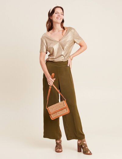 Pantalon large satin vert olive femme