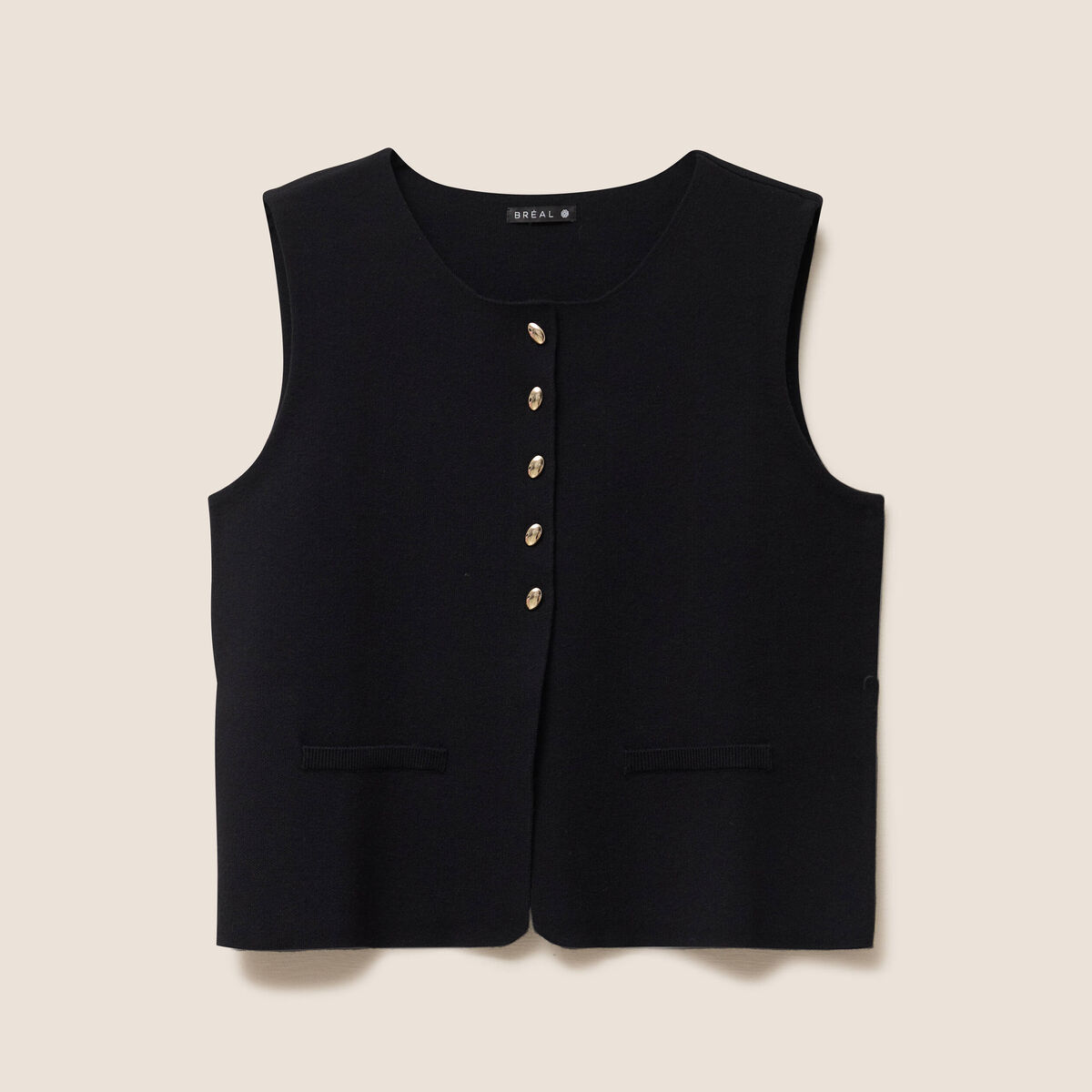 gilet droit court sans manches col rond noir femme