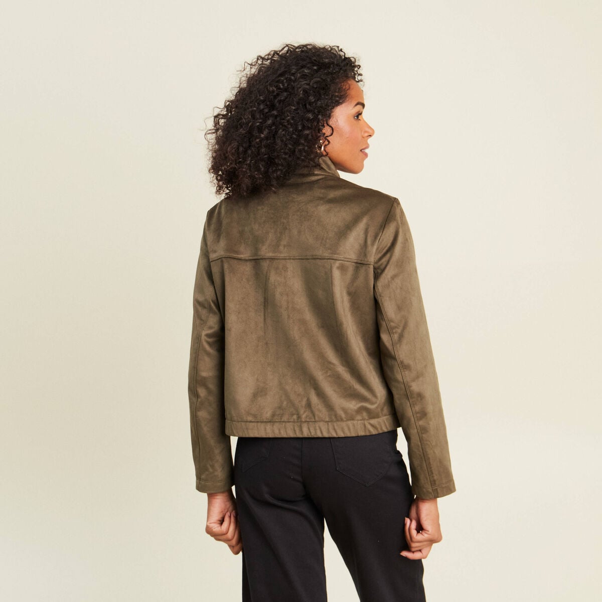 Veste ample col montant doubl&eacute;e vert kaki femme