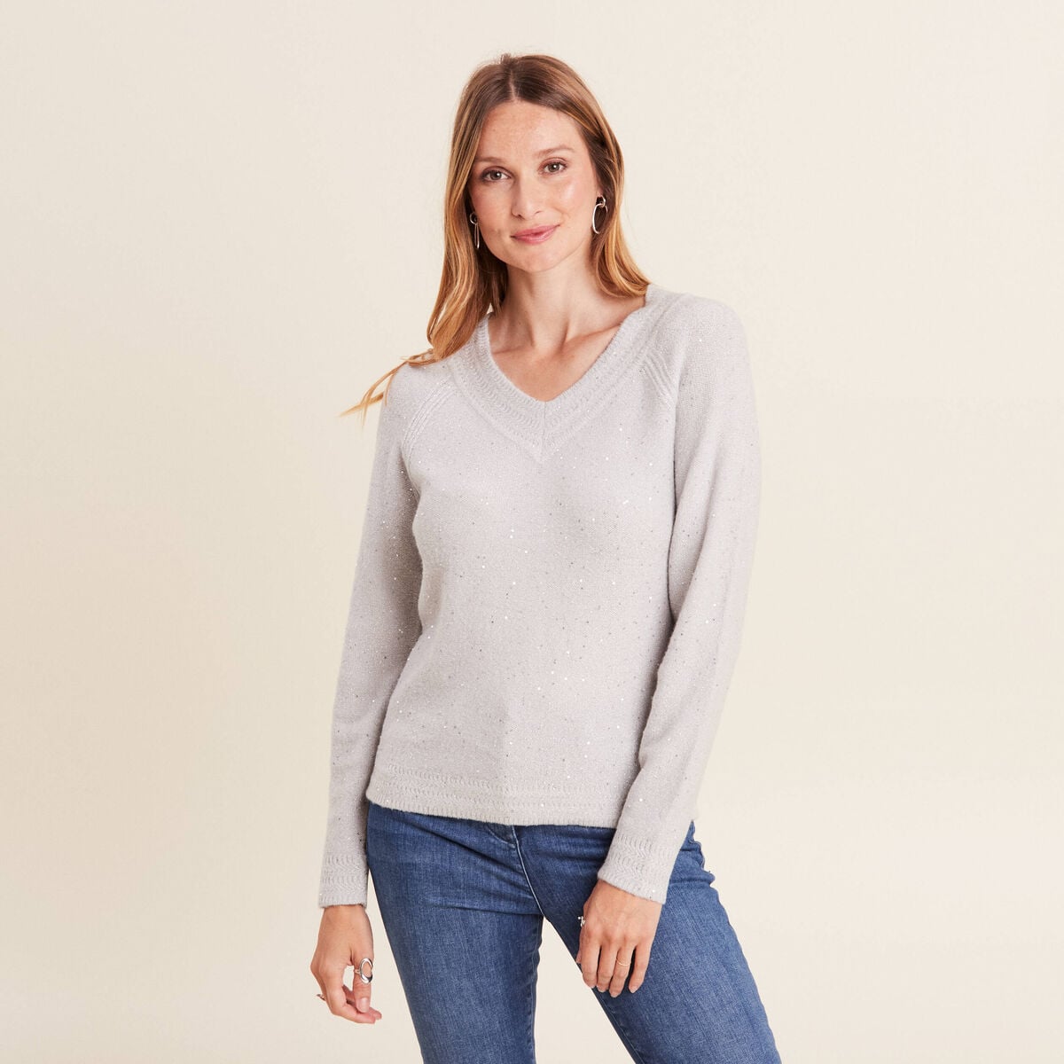 Pull manches longues gris clair femme