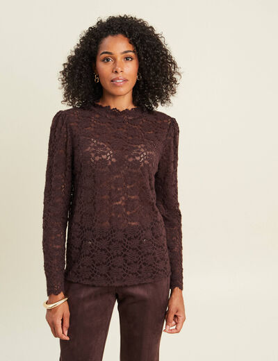 T-shirt cintr&eacute; col montant dentelle marron fonc&eacute; femme