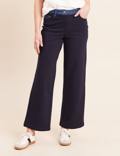 Pantalon large bi-mati&egrave;re bleu fonc&eacute; femme