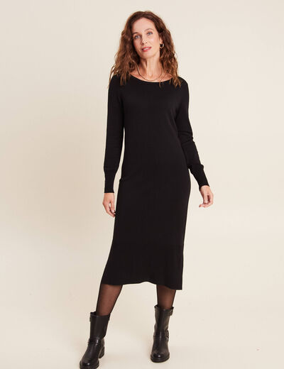 Robe tricot midi droite fendue noir femme