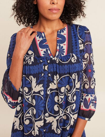 Robe courte &eacute;vas&eacute;e col tunisien bleu femme
