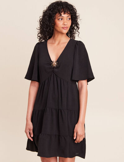 Robe courte &eacute;vas&eacute;e col v manches courtes noir femme