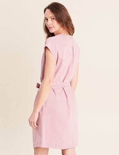 Robe courte ceintur&eacute;e col tunisien rose femme
