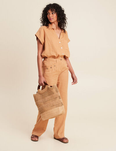 Pantalon coupe large fluide taille haute beige femme