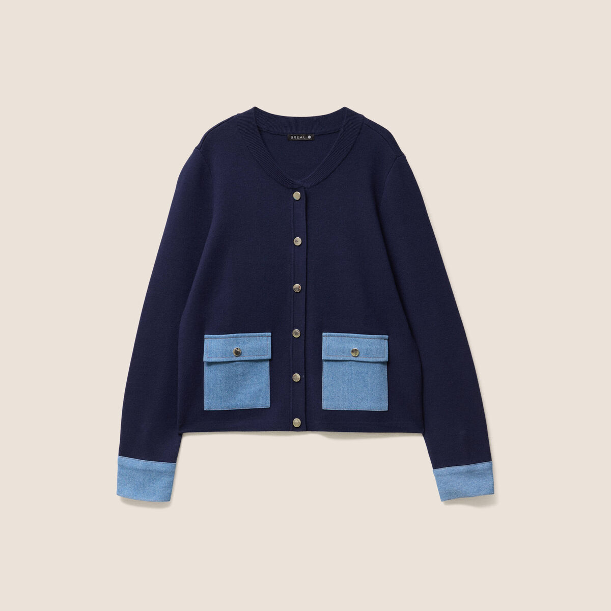 gilet droit court manches longues bleu marine femme