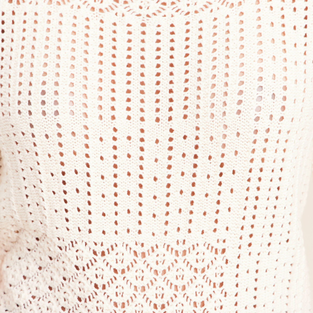 Pull ajour&eacute; col rond manches courtes ecru femme