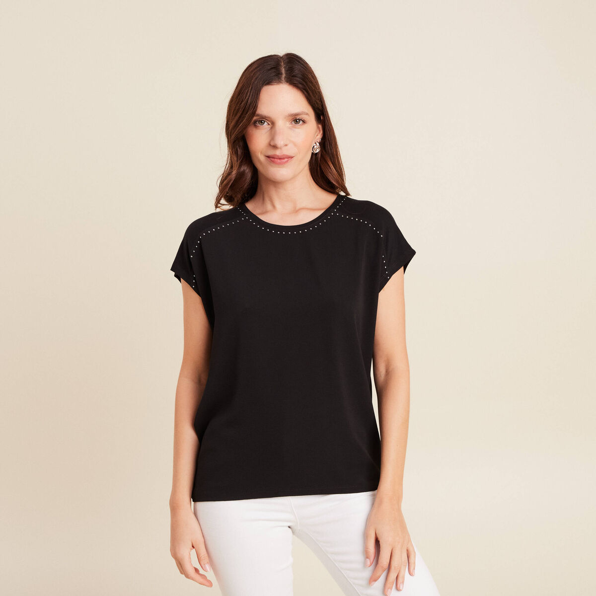 T-shirt bi-matière manches courtes noir femme