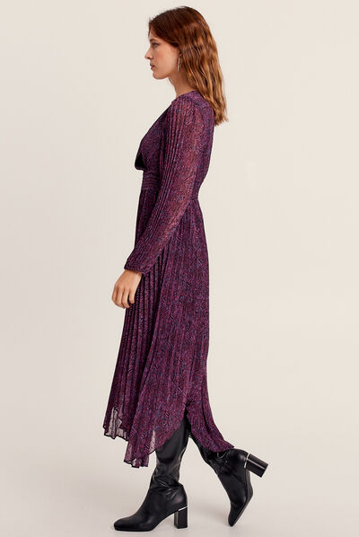 Robe longue droite plissée violet femme
