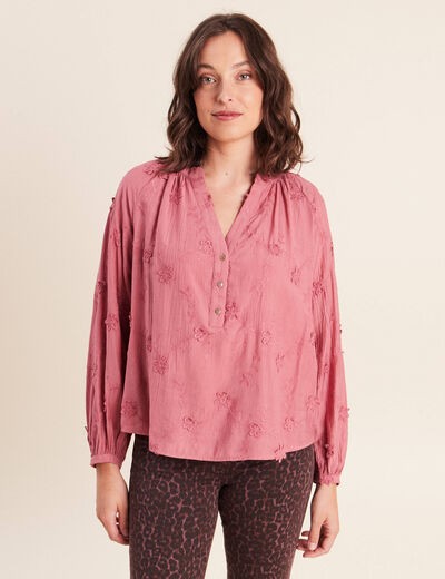 Blouse ample manches longues brod&eacute;e mauve femme