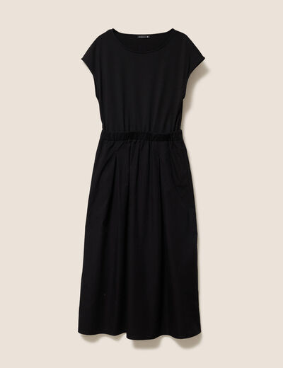 Robe longue évasée bi-matière noir femme