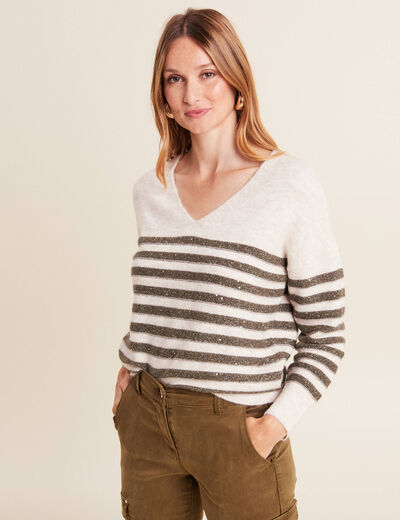 Pull manches longues sequins ecru femme