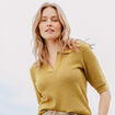 Polo ajour&eacute; col chemise manches courtes vert olive femme
