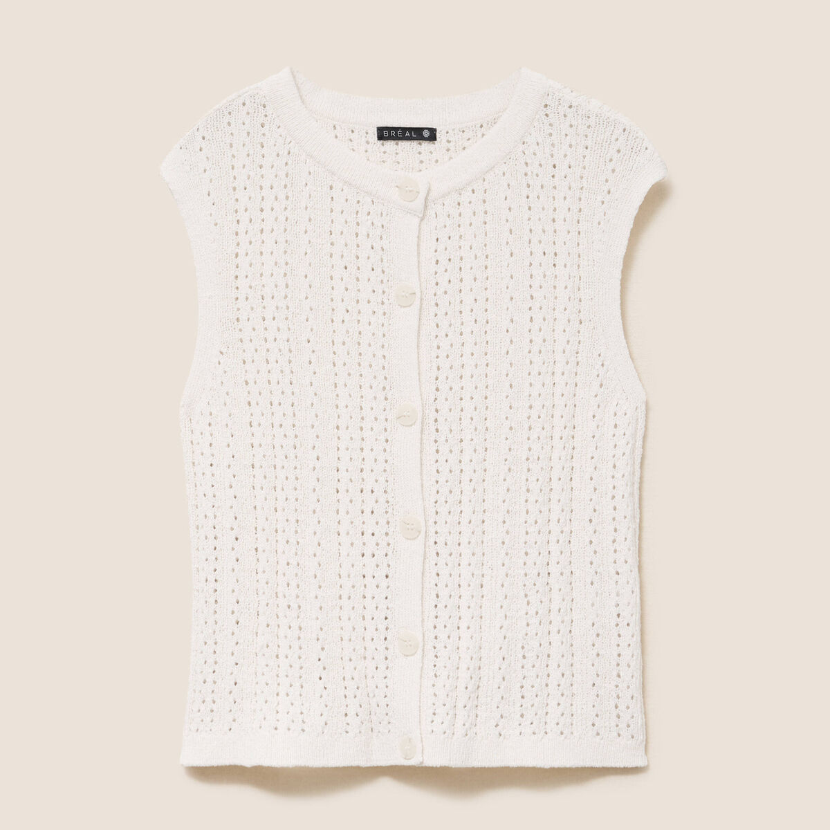 Gilet ajour&eacute; droit court col rond ecru femme