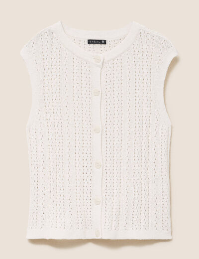 Gilet ajour&eacute; droit court col rond ecru femme