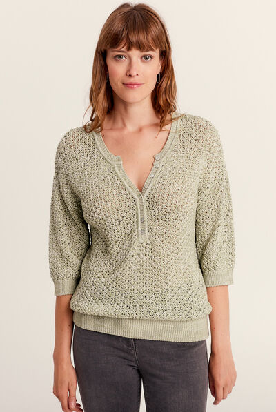 Pull manches 3/4 vert olive femme