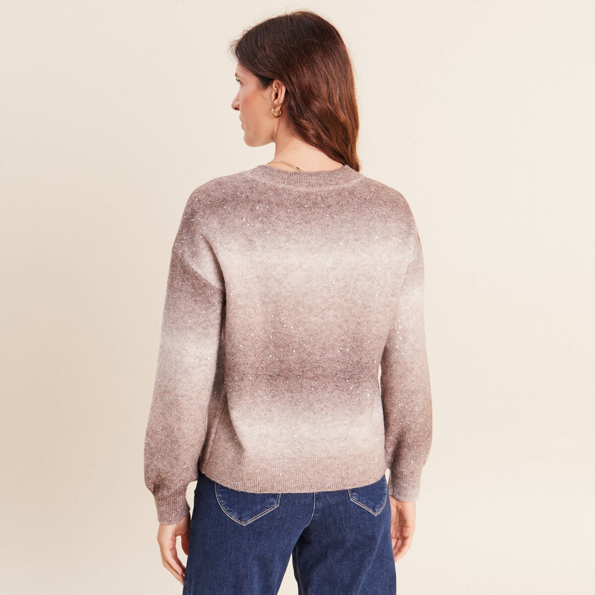 Pull col rond &agrave; sequins taupe femme