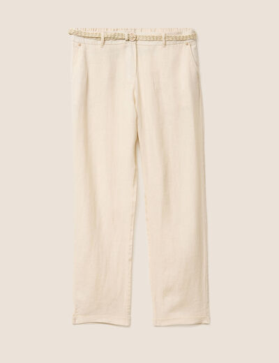 Pantalon coupe chino en lin ceintur&eacute; beige femme