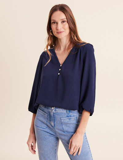 Blouse col v manches 3/4 fluide bleu marine femme