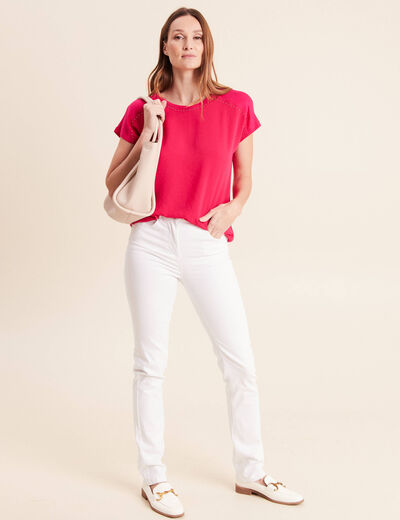 T-shirt bi-mati&egrave;re manches courtes rose fushia femme