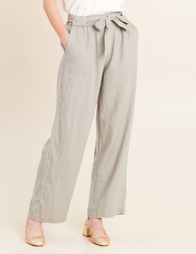 Pantalon large taille haute aspect lin vert clair femme