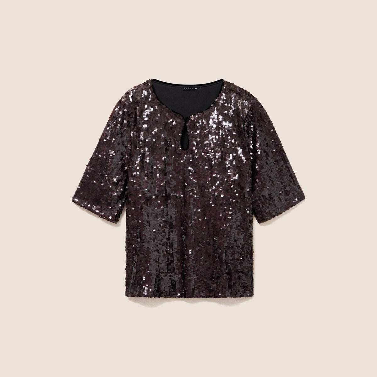 T-shirt &agrave; sequins manches courtes marron fonc&eacute; femme