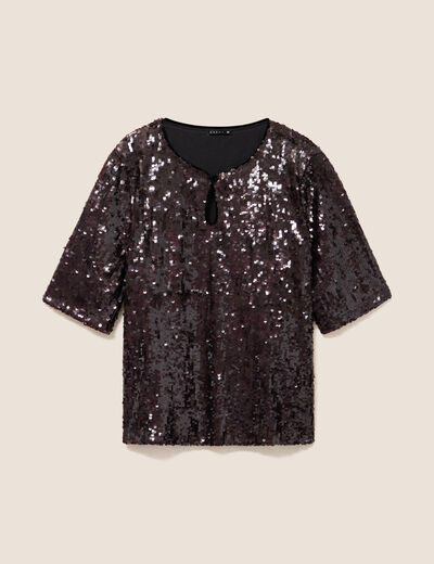 T-shirt &agrave; sequins manches courtes marron fonc&eacute; femme