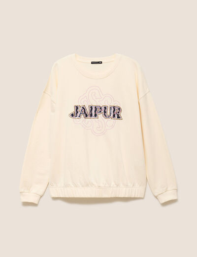 Sweat col rond broderie manches longues ecru femme