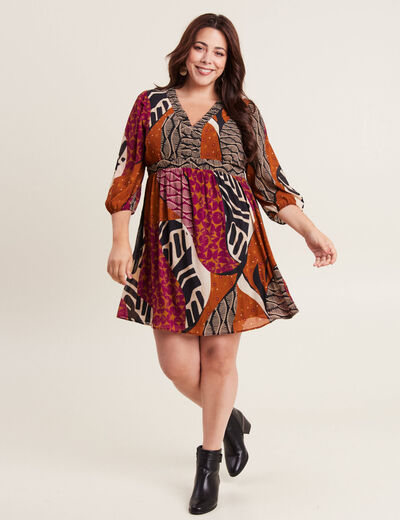 Robe évasée fluide manches 3/4 multicolore femme