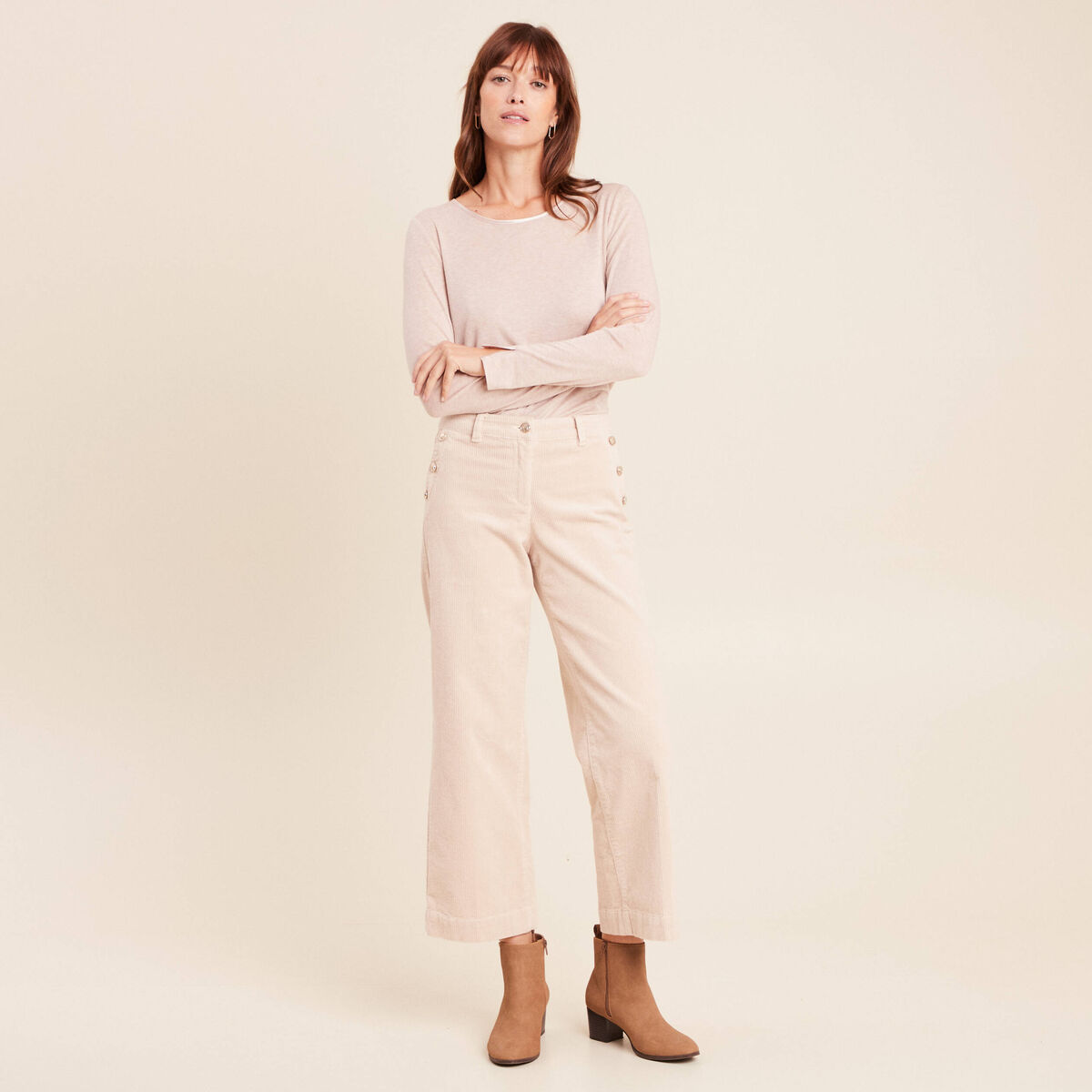 T-shirt ajust&eacute; manches longues beige femme