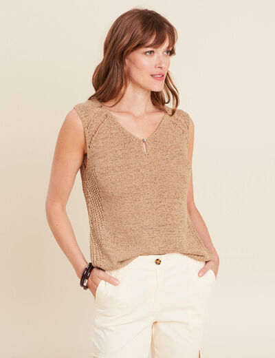 Débardeur tricot sans manches sable femme