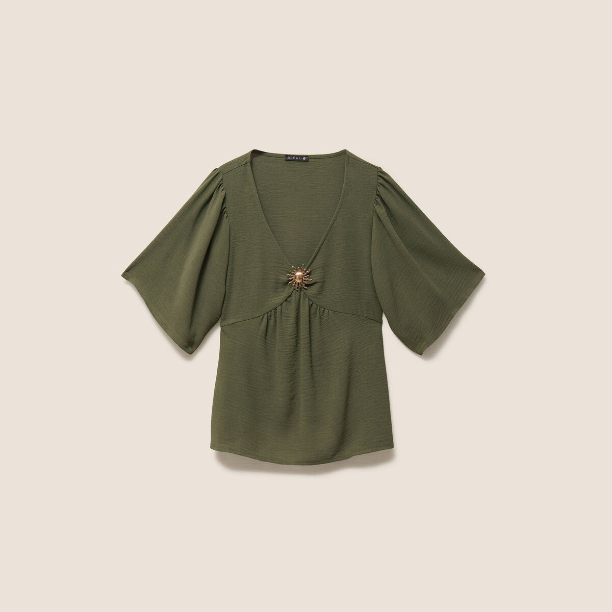 Blouse ample col v manches courtes vert kaki femme