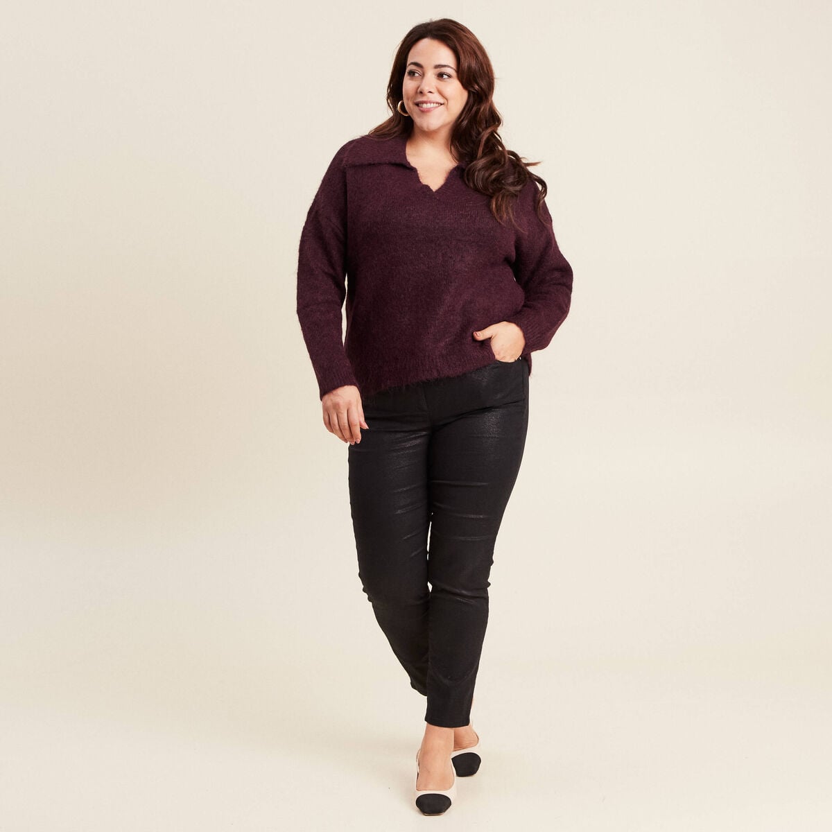 Pull manches longues col polo bordeaux femme