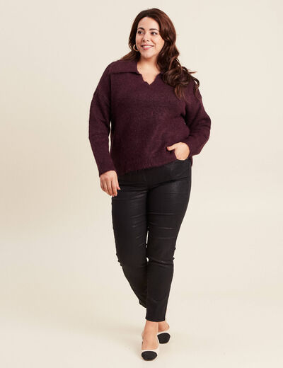 Pull manches longues col polo bordeaux femme