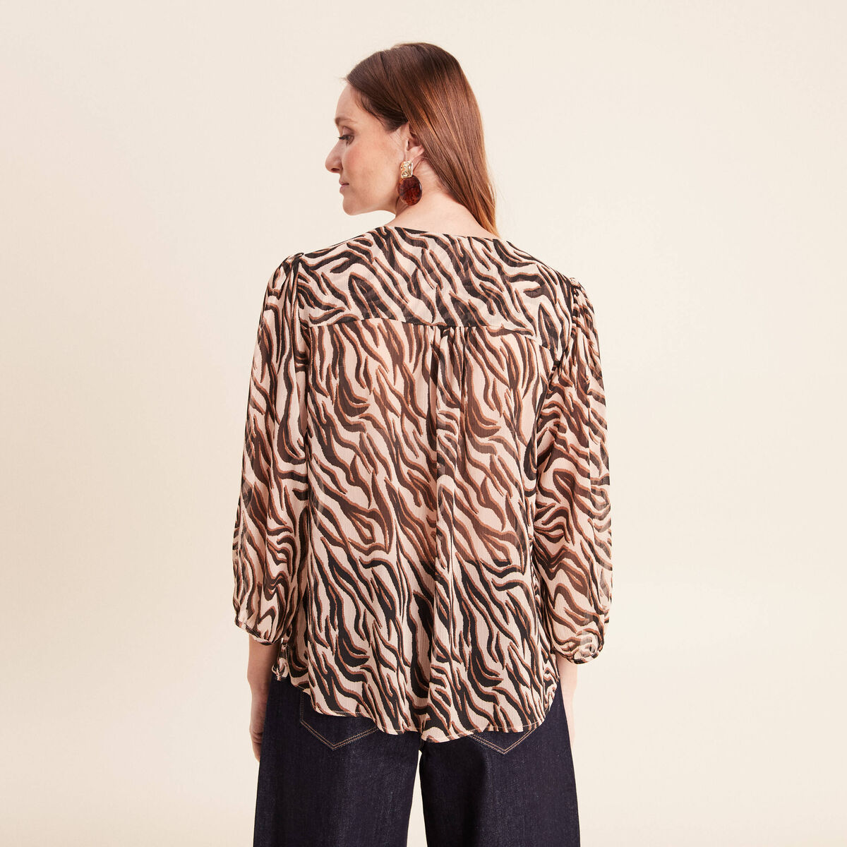 Blouse ample col v en voile manches 3/4 noir femme