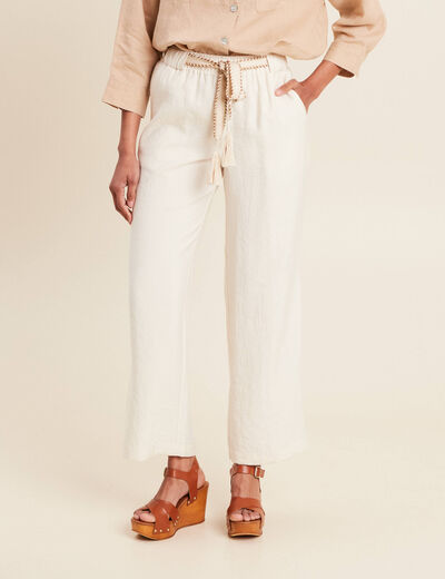 Pantalon large fluide ceinturé ivoire femme