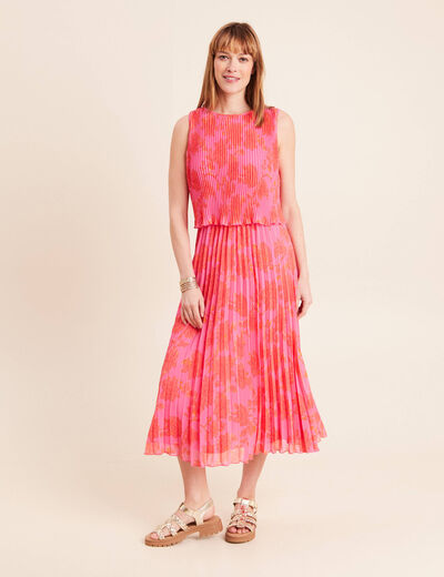 Robe longue &eacute;vas&eacute;e pliss&eacute;e sans manches rose femme