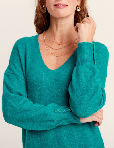 Robe pull droite col en V vert canard femme