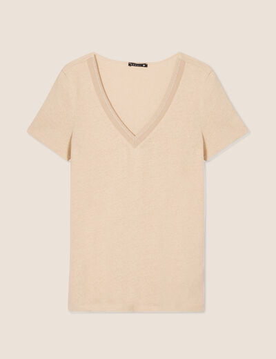 T-shirt manches courtes col en V sable femme