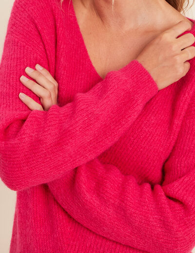 Pull col v rose femme