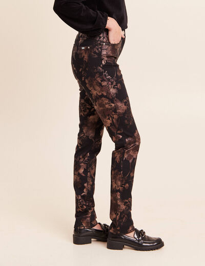 Pantalon ajust&eacute; taille haute denim noir enduit femme